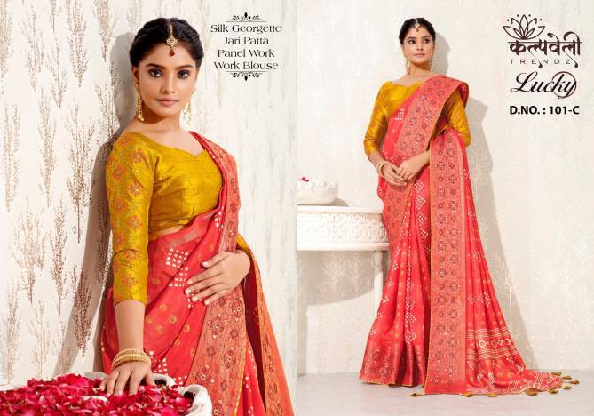 Lucky 101 By Kalpatru Silk Georgette Bandhej Printed Sarees Orders in india